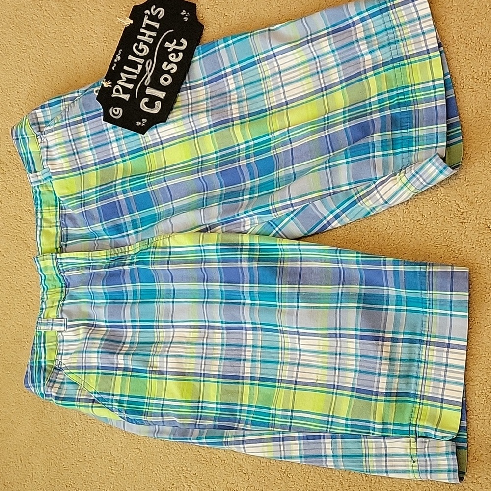 Kim Rogers Bermuda Shorts 8 Plaid Blue Lime Green White